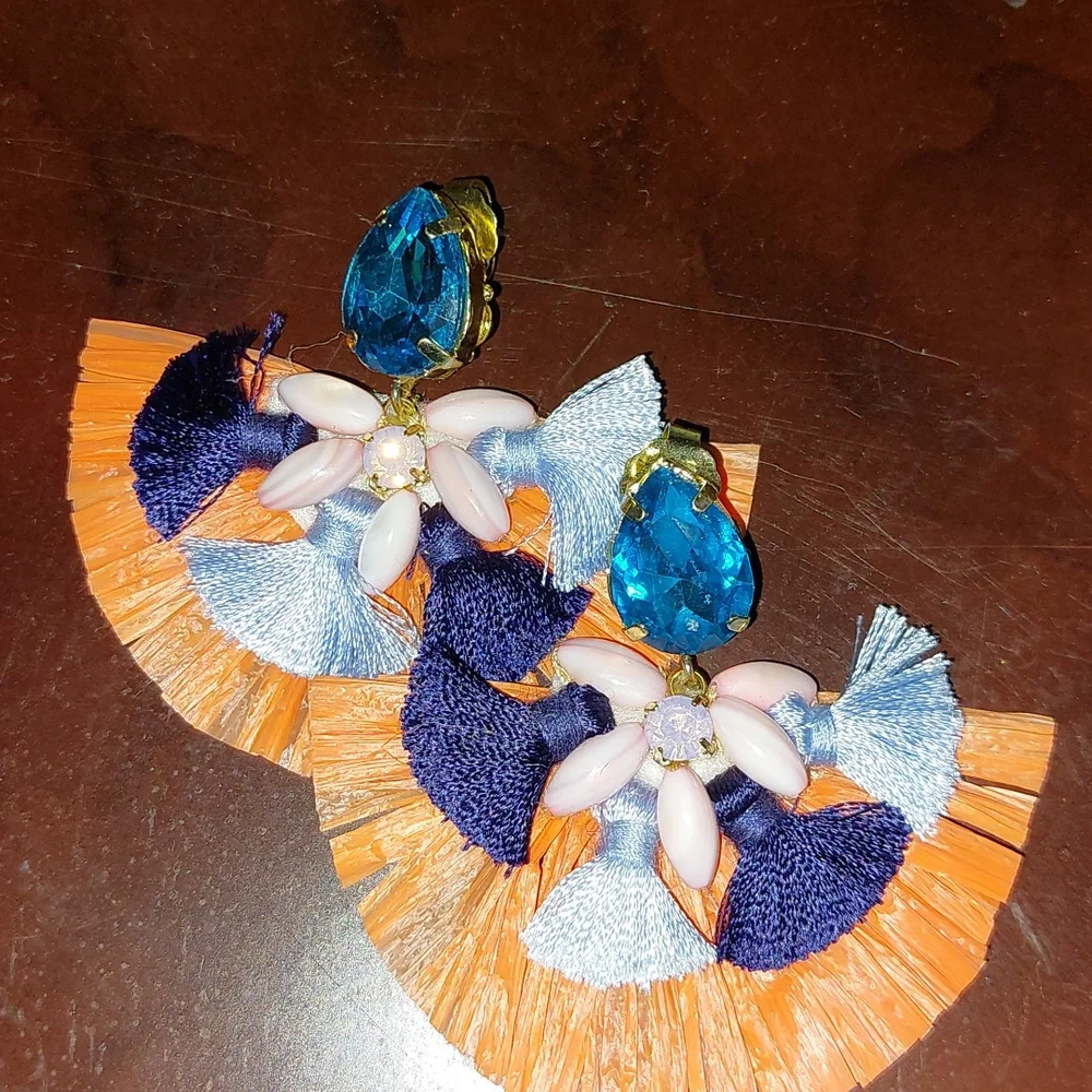 Beautiful Fringe Orange and Blue Earrings - Picture 2 of 3